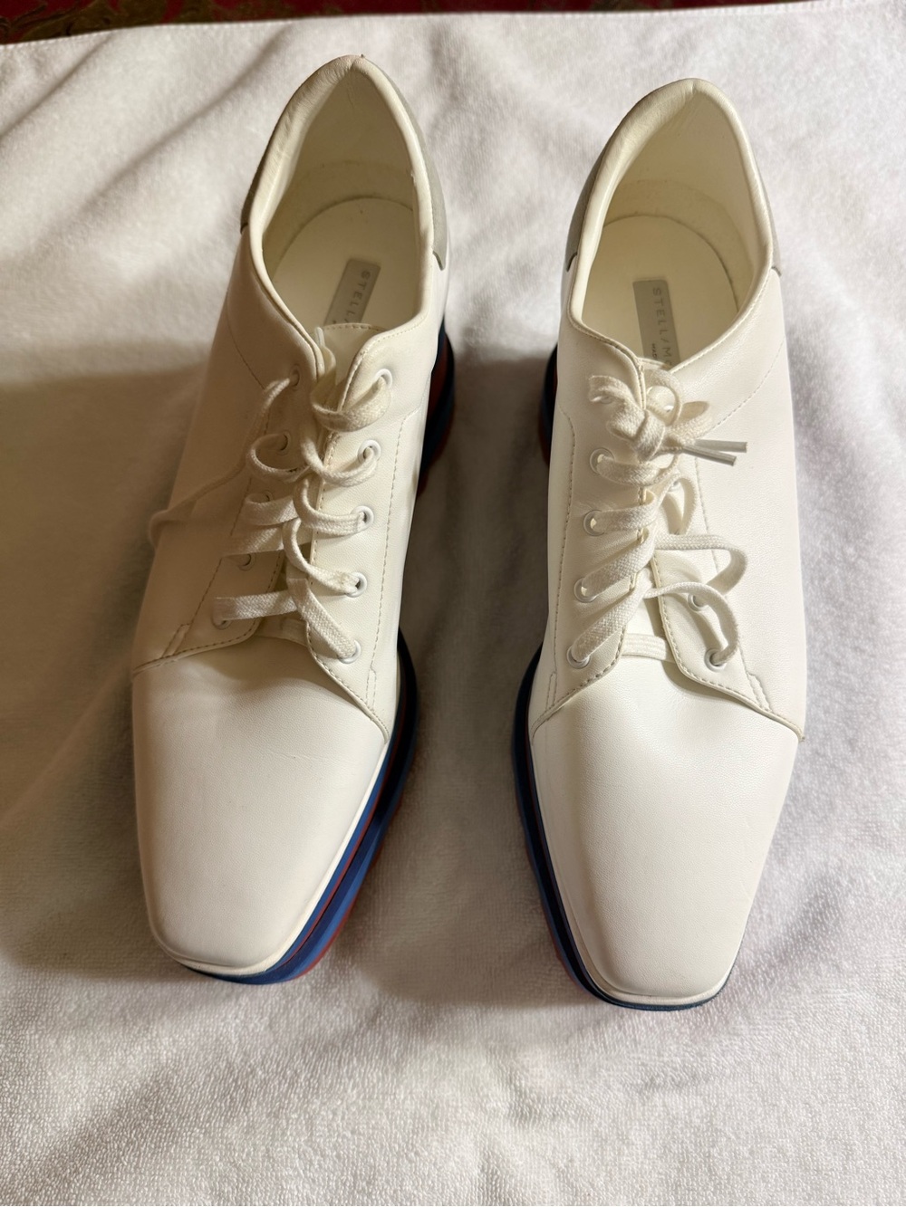 Stella McCartney White Lace-Up Wedge Sneakers with Blue Trim